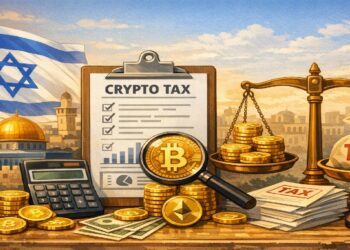 Ilustración editorial sobre la política fiscal de Israel hacia las criptomonedas, con la bandera israelí, documentos de impuestos, monedas digitales ampliadas por una lupa y una balanza que simboliza la relación entre ganancias cripto y obligaciones tributarias del país.