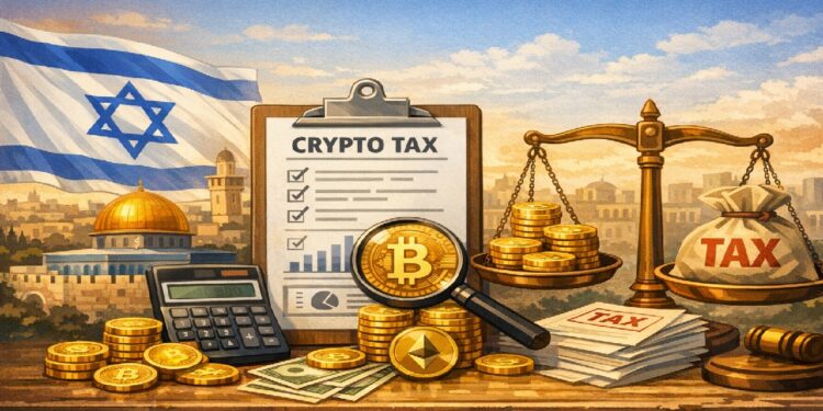 Ilustración editorial sobre la política fiscal de Israel hacia las criptomonedas, con la bandera israelí, documentos de impuestos, monedas digitales ampliadas por una lupa y una balanza que simboliza la relación entre ganancias cripto y obligaciones tributarias del país.