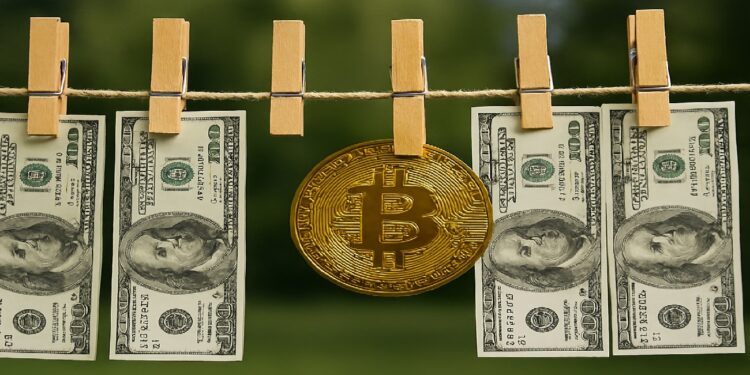 Dolares y moneda de bitcoin colgando de una cuerda para secar ropa.