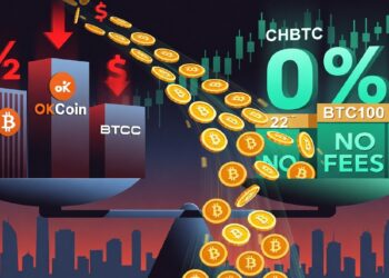 Balanza que compara exchanges: edificios con tarifas y flechas rojas frente a plataforma verde sin comisiones, mientras Bitcoins fluyen hacia la opción promocionada de cero fees.