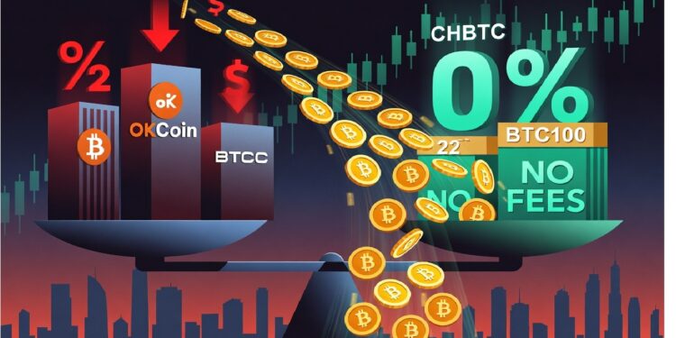 Balanza que compara exchanges: edificios con tarifas y flechas rojas frente a plataforma verde sin comisiones, mientras Bitcoins fluyen hacia la opción promocionada de cero fees.