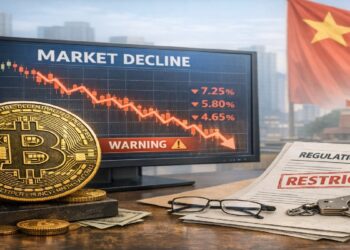 Pantalla reflejando grafico de precio en caida con moneda de bitcoin al frente y una bandera de china al fondo.