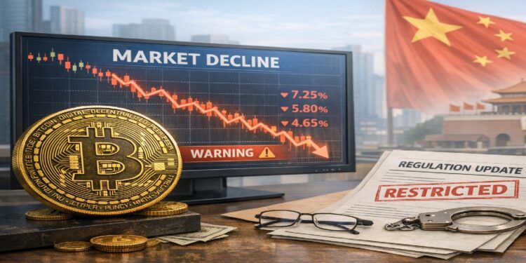 Pantalla reflejando grafico de precio en caida con moneda de bitcoin al frente y una bandera de china al fondo.