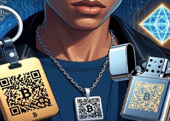 Persona con chaqueta de cuero y colgante con QR de Bitcoin, rodeada de accesorios metálicos con códigos y gráficos digitales, evocando moda cripto y estética tecnológica.