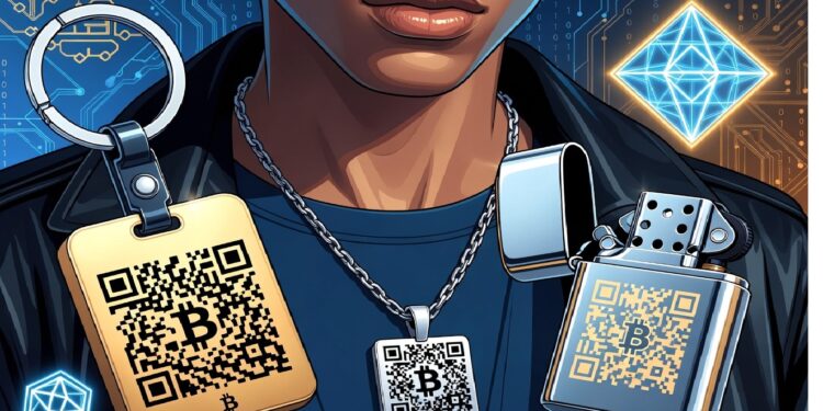 Persona con chaqueta de cuero y colgante con QR de Bitcoin, rodeada de accesorios metálicos con códigos y gráficos digitales, evocando moda cripto y estética tecnológica.