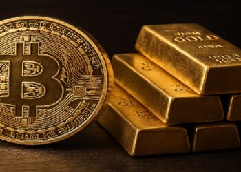 Moneda dorada de Bitcoin al lado de varios lingotes de oro.