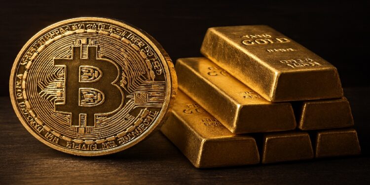 Moneda dorada de Bitcoin al lado de varios lingotes de oro.