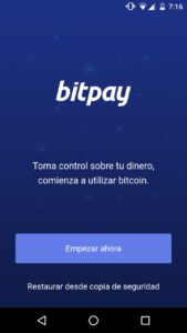 Pantalla de inicio de la cartera BitPay - monedero multifirma de Bitcoin