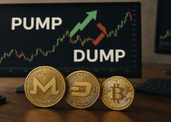 Monedas doradas de Dash, Monero y Bitcoin frente a una grafica alcista de velas.