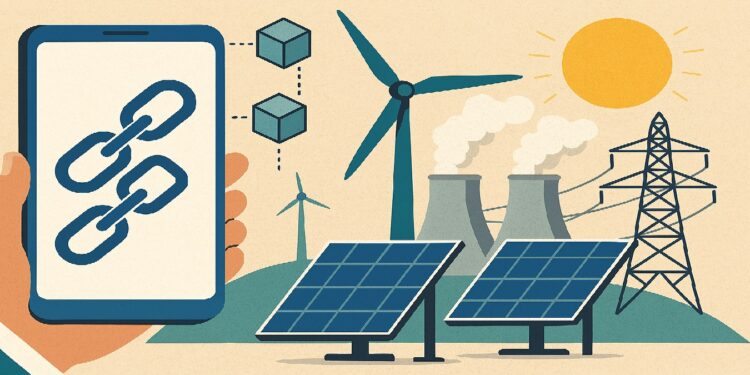 Imagen compuesta de blockchain y su relación con la industria energetica.