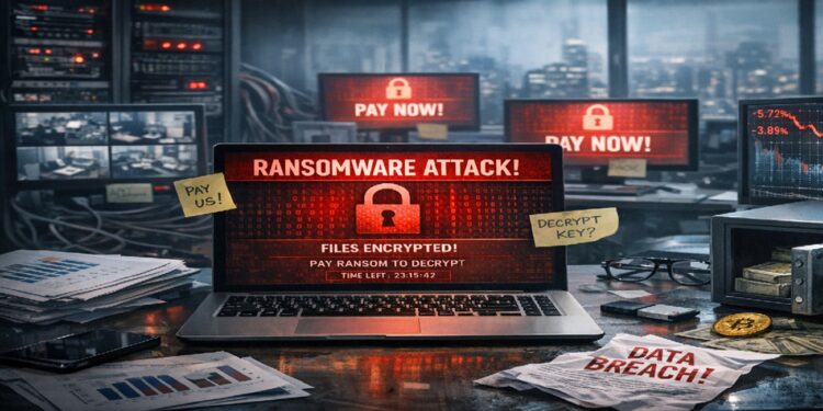 Escritorio con varias pantallas mostrando imagenes de tonos rojos de ransomware y avisando que debe pagar pronto.