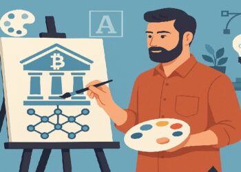 Hombre pintando blockchain en un canvas.