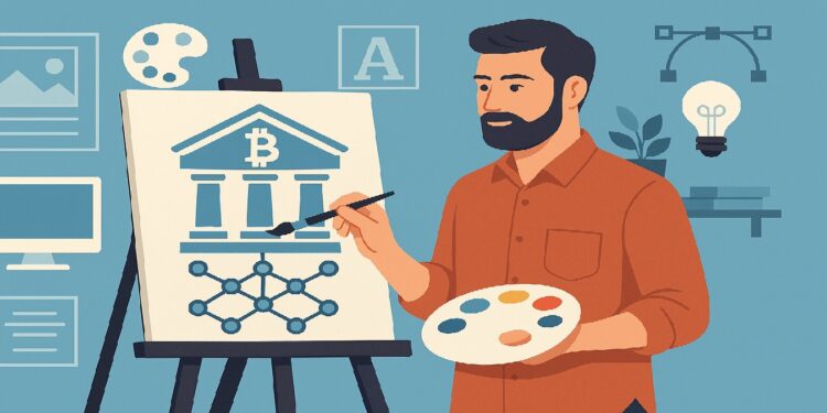 Hombre pintando blockchain en un canvas.