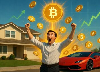 Persona celebrando frente a casa moderna y auto deportivo mientras Bitcoins flotan y un gráfico ascendente brilla, simbolizando ganancias y éxito asociado a inversiones cripto.