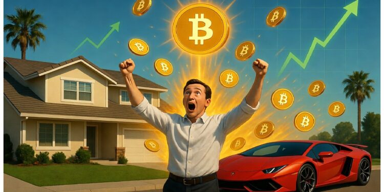 Persona celebrando frente a casa moderna y auto deportivo mientras Bitcoins flotan y un gráfico ascendente brilla, simbolizando ganancias y éxito asociado a inversiones cripto.