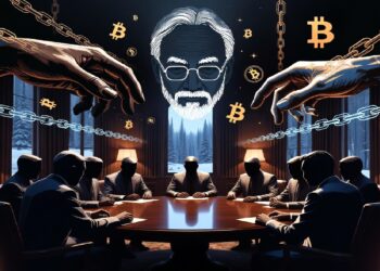 Sombra de satoshi flotando sobre mesa redonda de personas con los rostros cubiertos.