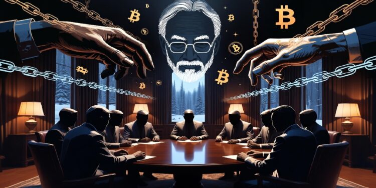 Sombra de satoshi flotando sobre mesa redonda de personas con los rostros cubiertos.