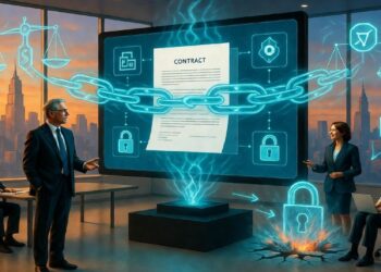 Reunión empresarial en oficina moderna alrededor de un contrato holográfico rodeado de cadenas y candados digitales, con íconos legales y vista urbana al fondo.