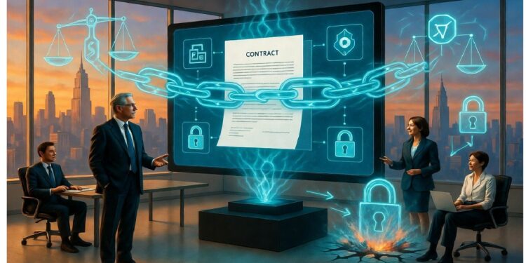 Reunión empresarial en oficina moderna alrededor de un contrato holográfico rodeado de cadenas y candados digitales, con íconos legales y vista urbana al fondo.