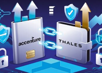Bloques metálicos con los nombres Accenture y Thales unidos por cadena digital luminosa, rodeados de escudos con candados y flechas ascendentes en un entorno tecnológico.
