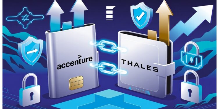 Bloques metálicos con los nombres Accenture y Thales unidos por cadena digital luminosa, rodeados de escudos con candados y flechas ascendentes en un entorno tecnológico.