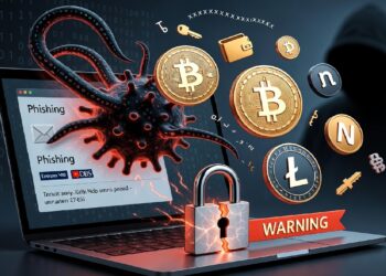 Laptop con alerta de phishing y virus digital emergiendo de la pantalla, rodeada de criptomonedas y candado, mientras figura encapuchada sugiere amenaza de ciberataque cripto.