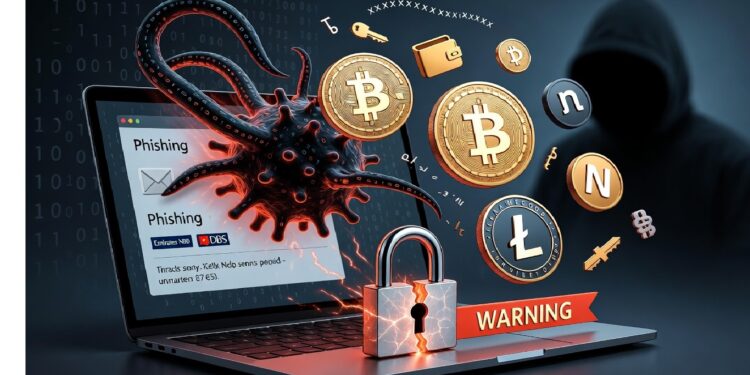 Laptop con alerta de phishing y virus digital emergiendo de la pantalla, rodeada de criptomonedas y candado, mientras figura encapuchada sugiere amenaza de ciberataque cripto.