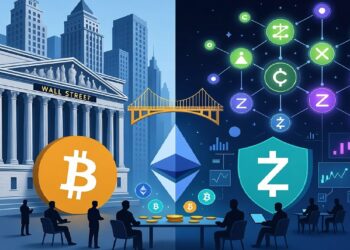 Edificio financiero clásico conectado por un puente dorado a una red de criptomonedas, con figuras humanas interactuando en ambos lados entre finanzas y blockchain.