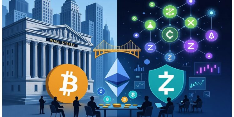 Edificio financiero clásico conectado por un puente dorado a una red de criptomonedas, con figuras humanas interactuando en ambos lados entre finanzas y blockchain.