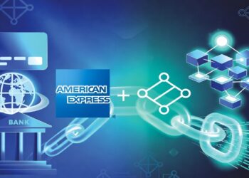 Iconos bancarios y tarjeta junto al logo de American Express conectado a eslabón brillante que se transforma en red de cubos, aludiendo a integración entre banca y blockchain.
