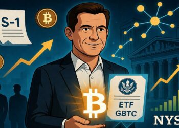 Hombre con Bitcoin brillante en la mano rodeado de documentos S‑1, ETF y NYSE, junto a gráficos ascendentes, evocando integración de cripto en mercados financieros regulados.