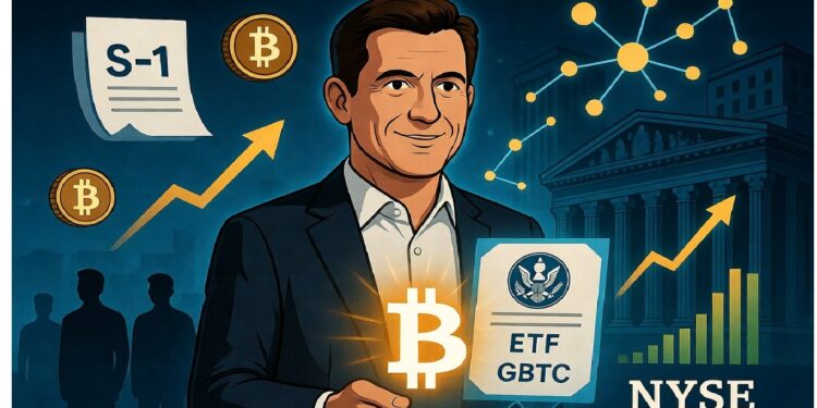 Hombre con Bitcoin brillante en la mano rodeado de documentos S‑1, ETF y NYSE, junto a gráficos ascendentes, evocando integración de cripto en mercados financieros regulados.