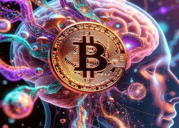 Cabeza humana digital con cerebro iluminado y moneda de bitcoin al centro, rodeada de patrones neuronales coloridos que evocan conexión entre criptomonedas e inteligencia.