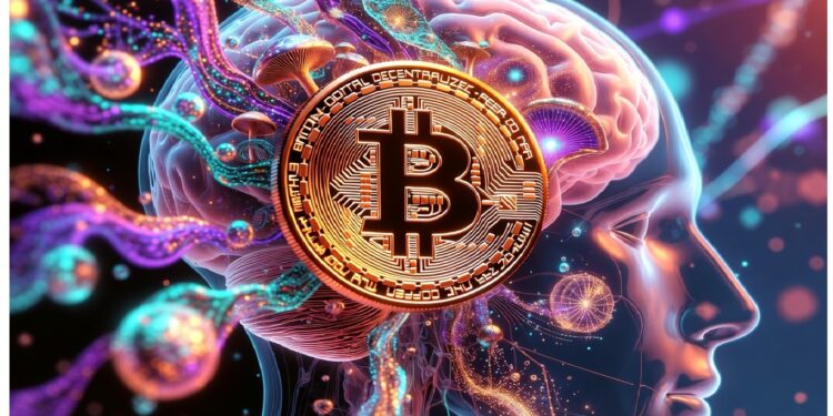 Cabeza humana digital con cerebro iluminado y moneda de bitcoin al centro, rodeada de patrones neuronales coloridos que evocan conexión entre criptomonedas e inteligencia.