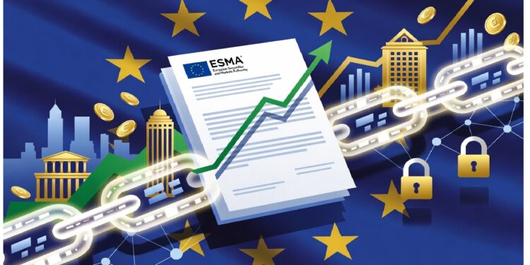 Bandera de la UE detrás de documento de ESMA con flecha ascendente, rodeado de edificios, monedas y cadena digital con candados que evocan regulación y seguridad financiera.
