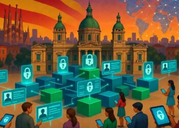 Edificio clásico rodeado de cubos luminosos con íconos de seguridad y perfiles, mientras personas interactúan con dispositivos ante un mapa mundial conectado por líneas digitales.