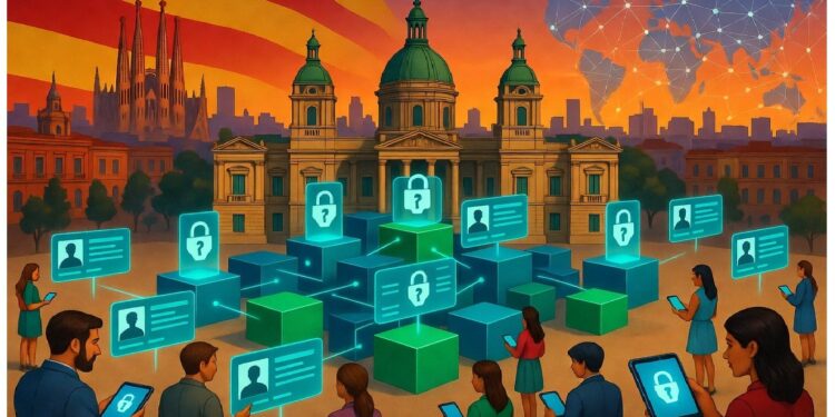 Edificio clásico rodeado de cubos luminosos con íconos de seguridad y perfiles, mientras personas interactúan con dispositivos ante un mapa mundial conectado por líneas digitales.