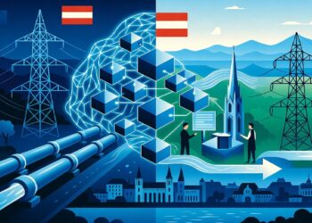 Mitad azul con líneas energéticas y cubos conectados bajo bandera austríaca, mitad verde con montañas y edificio alpino, dos figuras analizan interfaz digital.