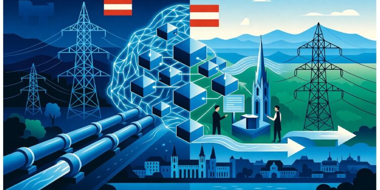 Mitad azul con líneas energéticas y cubos conectados bajo bandera austríaca, mitad verde con montañas y edificio alpino, dos figuras analizan interfaz digital.