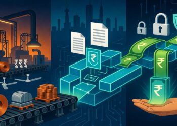 Escena con maquinaria industrial, bloques digitales centrales y símbolos de rupia, candados y mano con dinero digital, representando vínculo entre producción, datos y pagos seguros.
