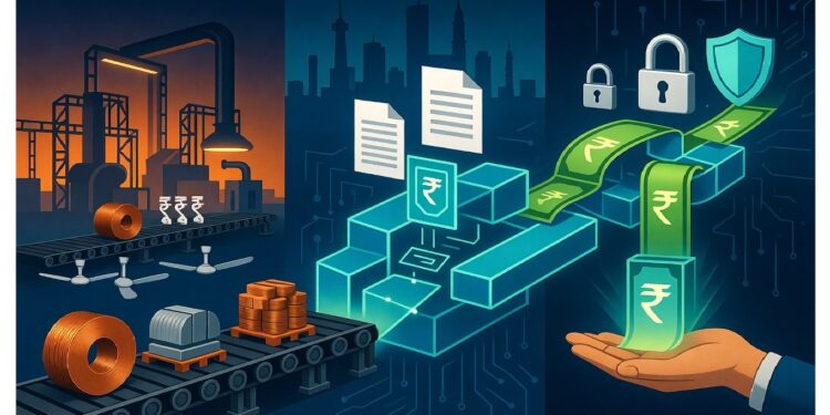 Escena con maquinaria industrial, bloques digitales centrales y símbolos de rupia, candados y mano con dinero digital, representando vínculo entre producción, datos y pagos seguros.