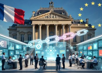 Edificio francés con banderas de Francia y la UE frente a profesionales que usan pantallas holográficas con símbolos financieros y cadenas digitales que sugieren innovación.