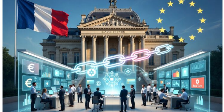 Edificio francés con banderas de Francia y la UE frente a profesionales que usan pantallas holográficas con símbolos financieros y cadenas digitales que sugieren innovación.
