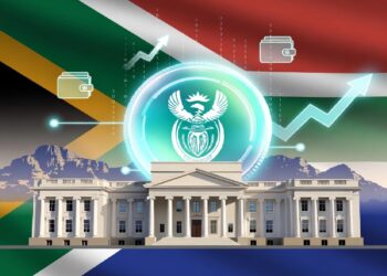 Edificio gubernamental sudafricano con emblema brillante sobre la bandera nacional, rodeado de íconos digitales y flechas que sugieren innovación económica y tecnológica.