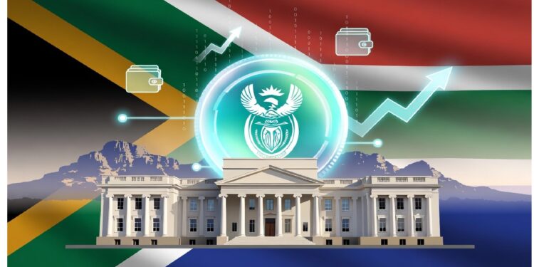 Edificio gubernamental sudafricano con emblema brillante sobre la bandera nacional, rodeado de íconos digitales y flechas que sugieren innovación económica y tecnológica.