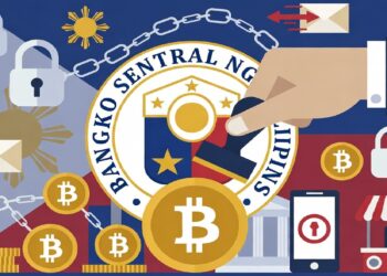 Sello del banco central filipino rodeado de íconos de bitcoin, candados, móvil y carrito, con mano estampando aprobación sobre fondo con colores y sol de la bandera.