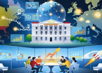 Edificio bancario clásico rodeado de íconos digitales y mapa europeo, mientras un equipo trabaja en mesa circular con pantallas que muestran gráficos y señales de innovación.
