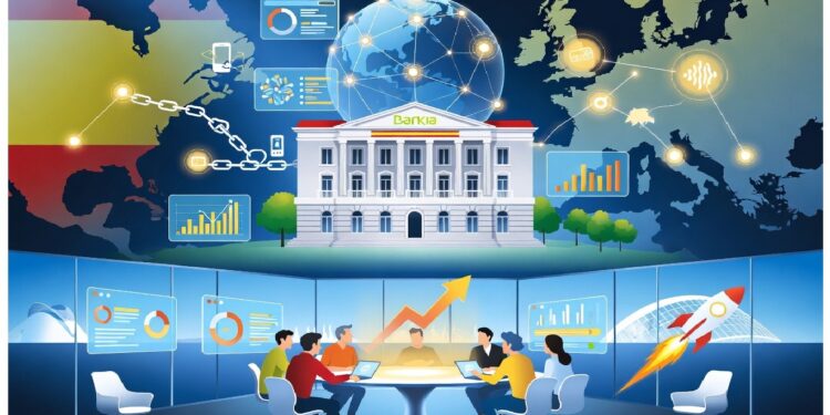 Edificio bancario clásico rodeado de íconos digitales y mapa europeo, mientras un equipo trabaja en mesa circular con pantallas que muestran gráficos y señales de innovación.