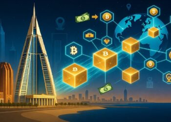 Ciudad futurista nocturna junto al mar, con rascacielos iluminados y símbolos digitales de finanzas globales flotando sobre la escena, evocando tecnología y conectividad.