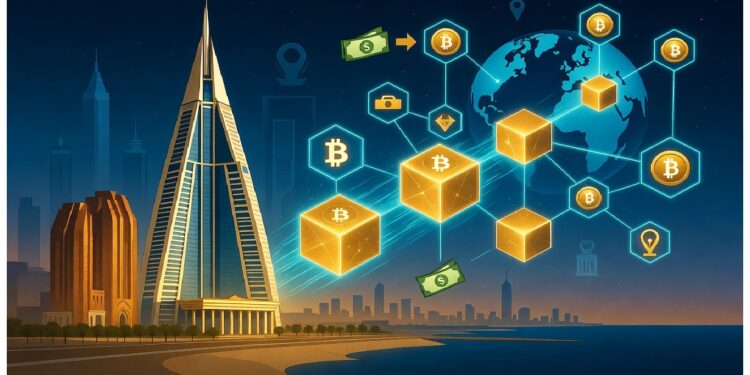 Ciudad futurista nocturna junto al mar, con rascacielos iluminados y símbolos digitales de finanzas globales flotando sobre la escena, evocando tecnología y conectividad.